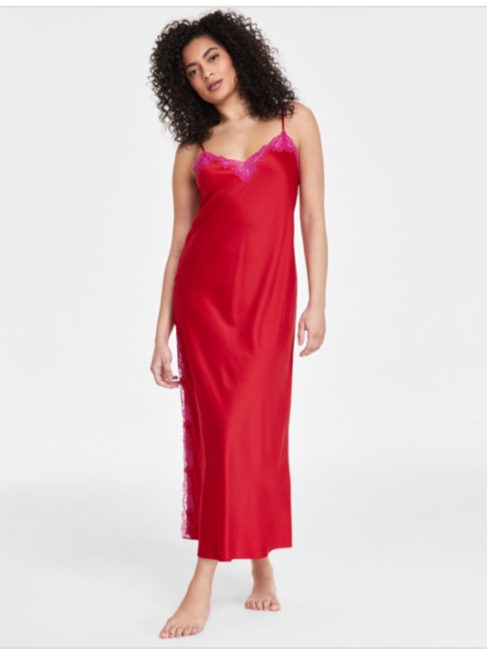 I.n.c. International Concepts Women's Lace-Trim Satin Nightgown,Crimson Leaf